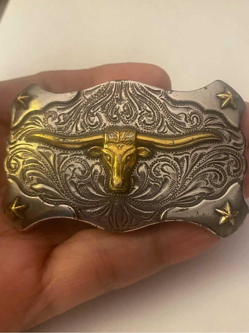 Vintage Western Style Longhorn Steer Belt Buckle Two-Tone Silver & Gold Draign